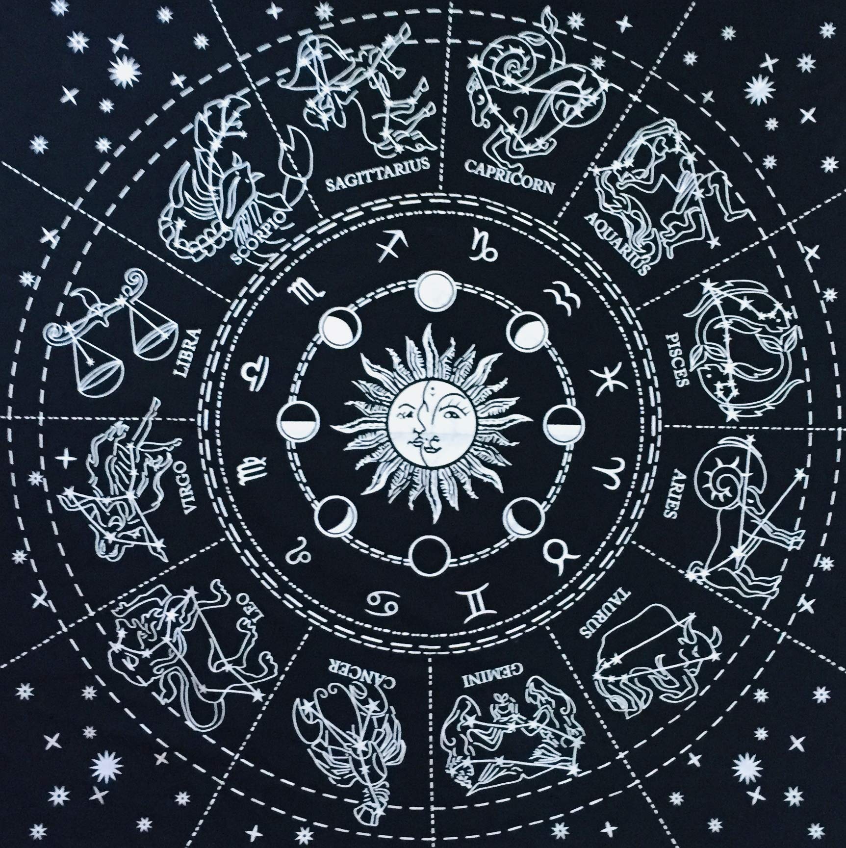 Indian Consigners Altar Cloth Zodiac Astro Witchcraft Alter Tarot Spread Table Cloth Wiccan Spiritual Sacred Cloth (Zodiac Silver)