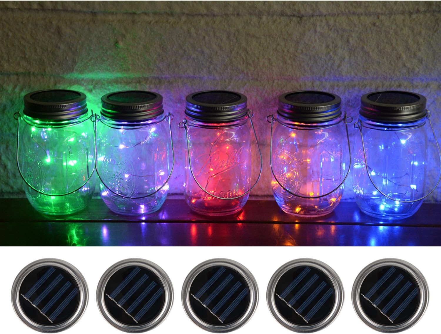 Fanme Solar Mason Jar Lights Lids 5 Pack 10LED Multi Colors Fairy String Light Screw Inserts for Mason Jar Charismas Wedding Garden Patio Home Décor Decorative Lighting (Steady)