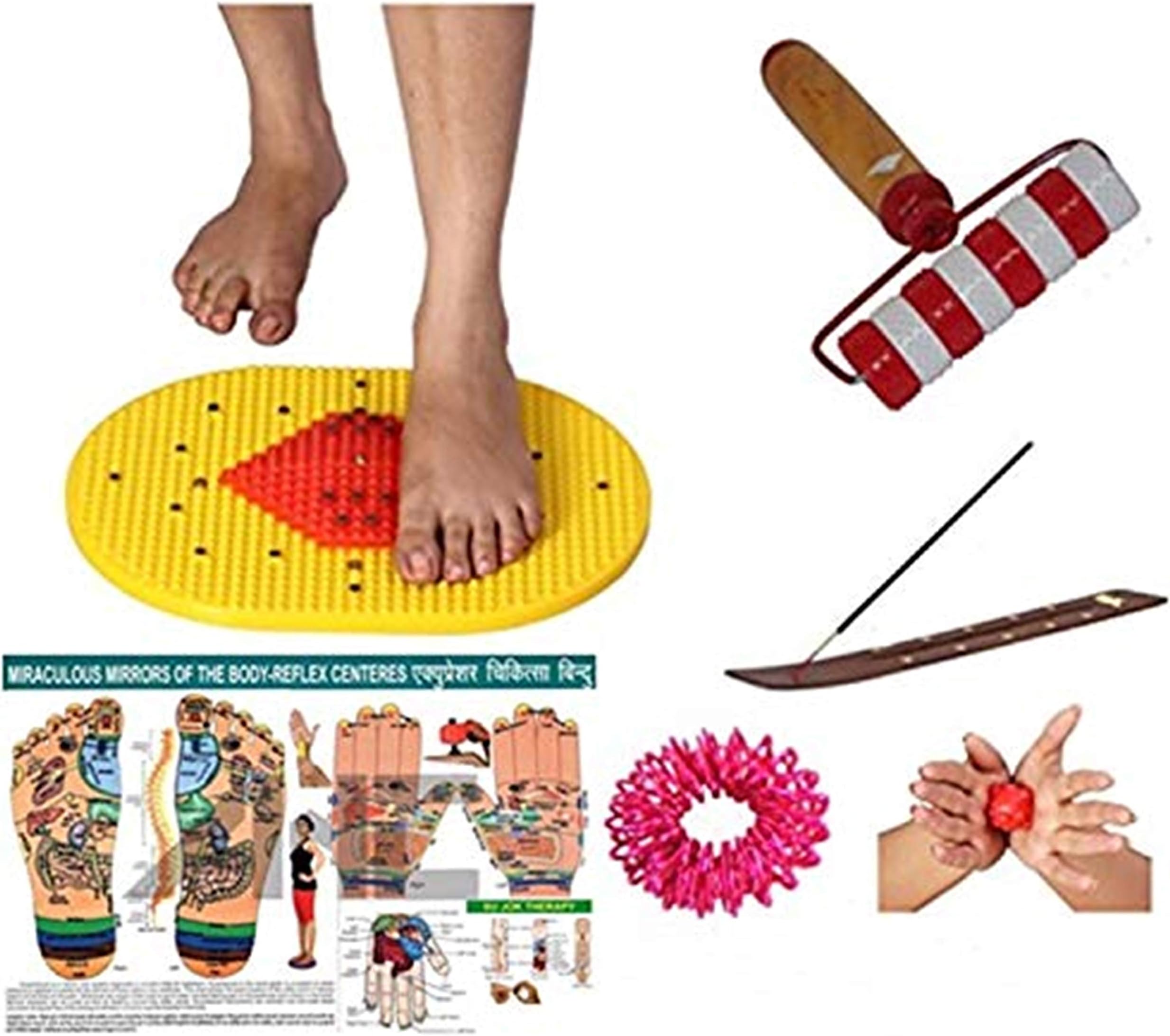 Escor Acupressure Kit Bumper Mat (Pyramids n Magnets) for Massage & Relaxation Useful for Heel Knee Leg Pain Sciatica Cramps Migraine Depression + Incense Stick Holder + Handy Roller Pointed (Yellow)