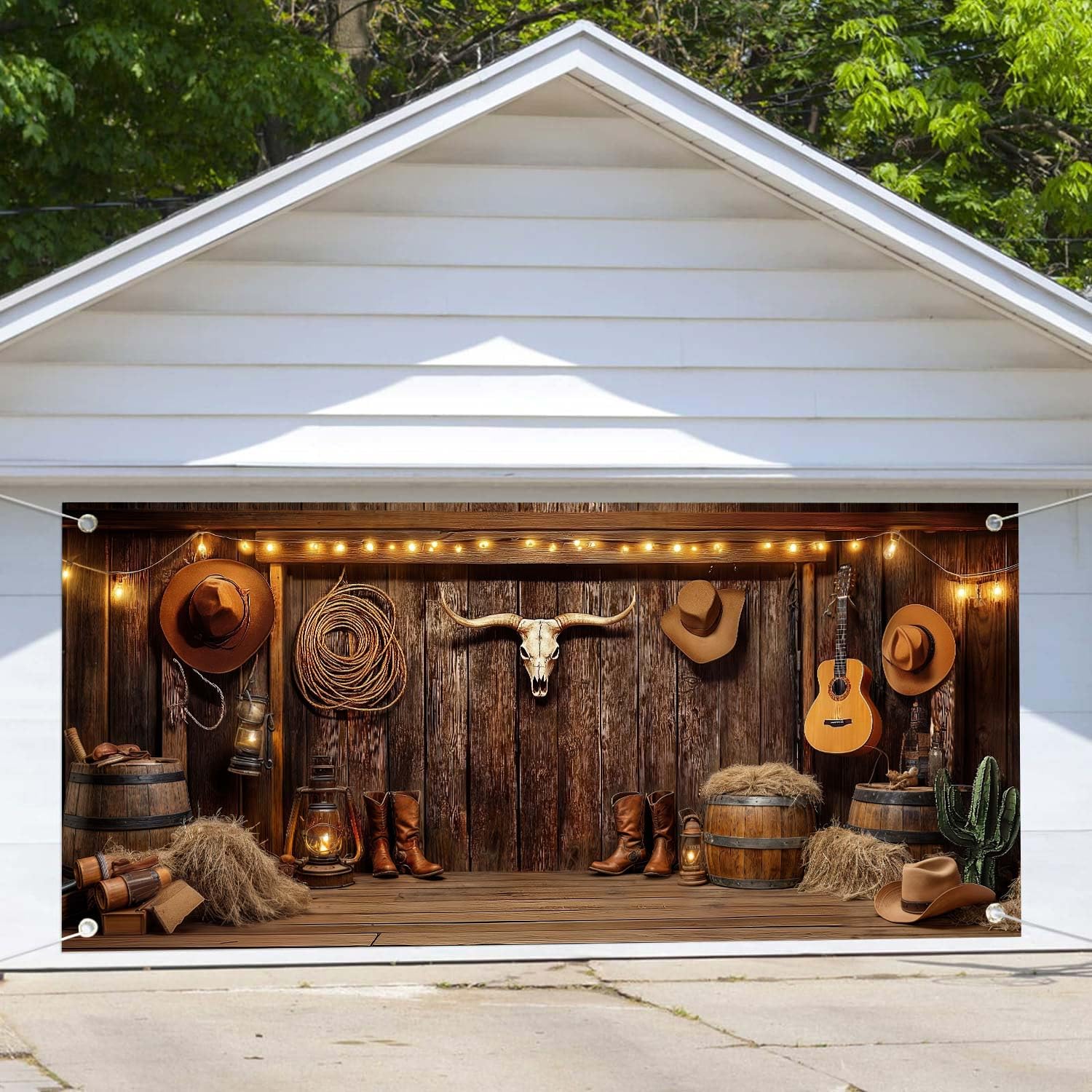 Photo 1 of Western Cowboy Garage Door Cover Banner Decorations Backdrop Wild West Wooden Barn Door Garage Door Decorations Wild West Photographic Studio Photo Backgrounds Birthday Party Supplies (13X6FT)
