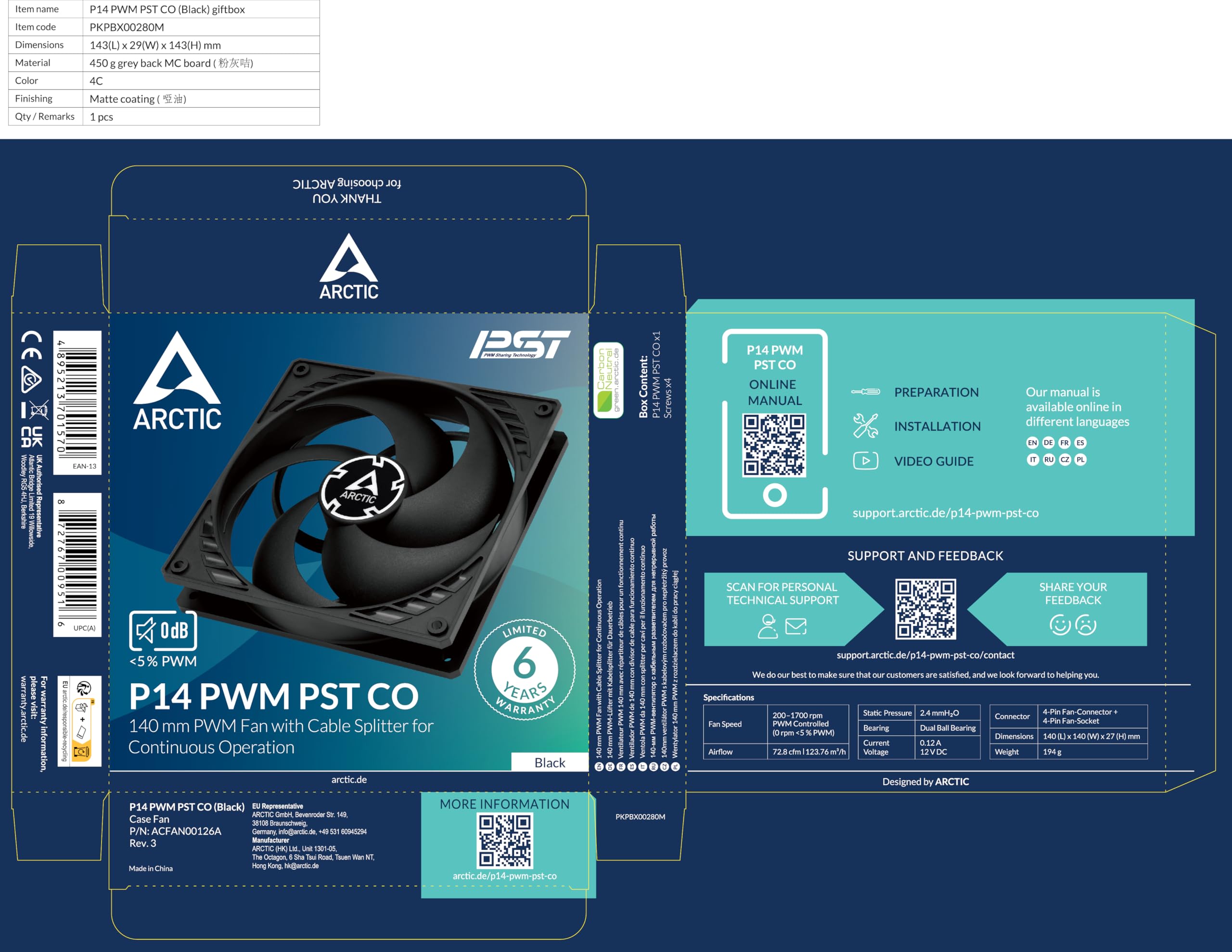 ARCTIC P14 PWM PST CO - PC Fan, 140mm Case Fan with PWM Sharing Technology (PST), Pressure-optimised, Dual Ball Bearing for Continuous Operation, Computer, 200–1700 RPM (0 RPM 5%) - Black