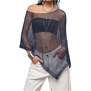 MakeMeChic Women's Mesh Sheer Poncho Tops Grunge Lightweight Sweater | Asymmetrical Neck