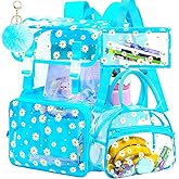 FTJCF 3Pcs Clear Backpack for Girls, School Kids Transparent Bookbag Set, 17" Daisy Stadium Approved See Through Backpack with Lunch Box (Blue)
