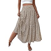 TuoGo Women's Smocked High Waist Maxi Skirt Casual Boho Long Skirts with Pockets