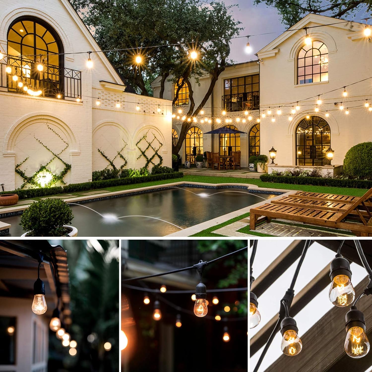 Amico 49FT Outdoor String Lights Commercial Grade Weatherproof Dimmable Patio Light String - 11W Incandescent Edison Bulb - UL Listed Heavy-Duty Decorative Yard Bistro Market Café Lights - - 
