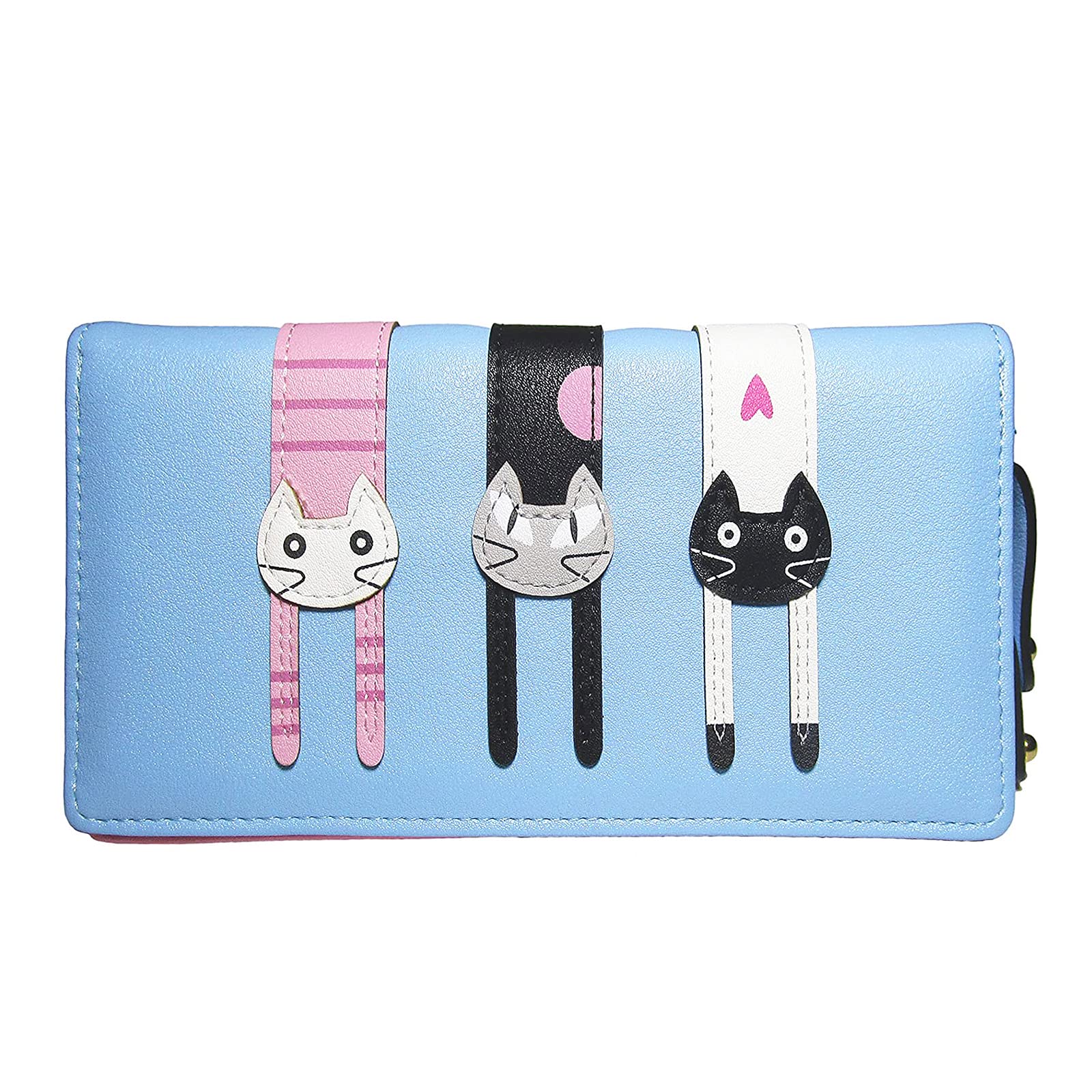Splendid Cute Cat Wallet, Decorative Small Wallet, Long Bifold Zipper Mini Wallet, Leather Material, Cute Cat Purse Gifts for Girls and Women (Blue)