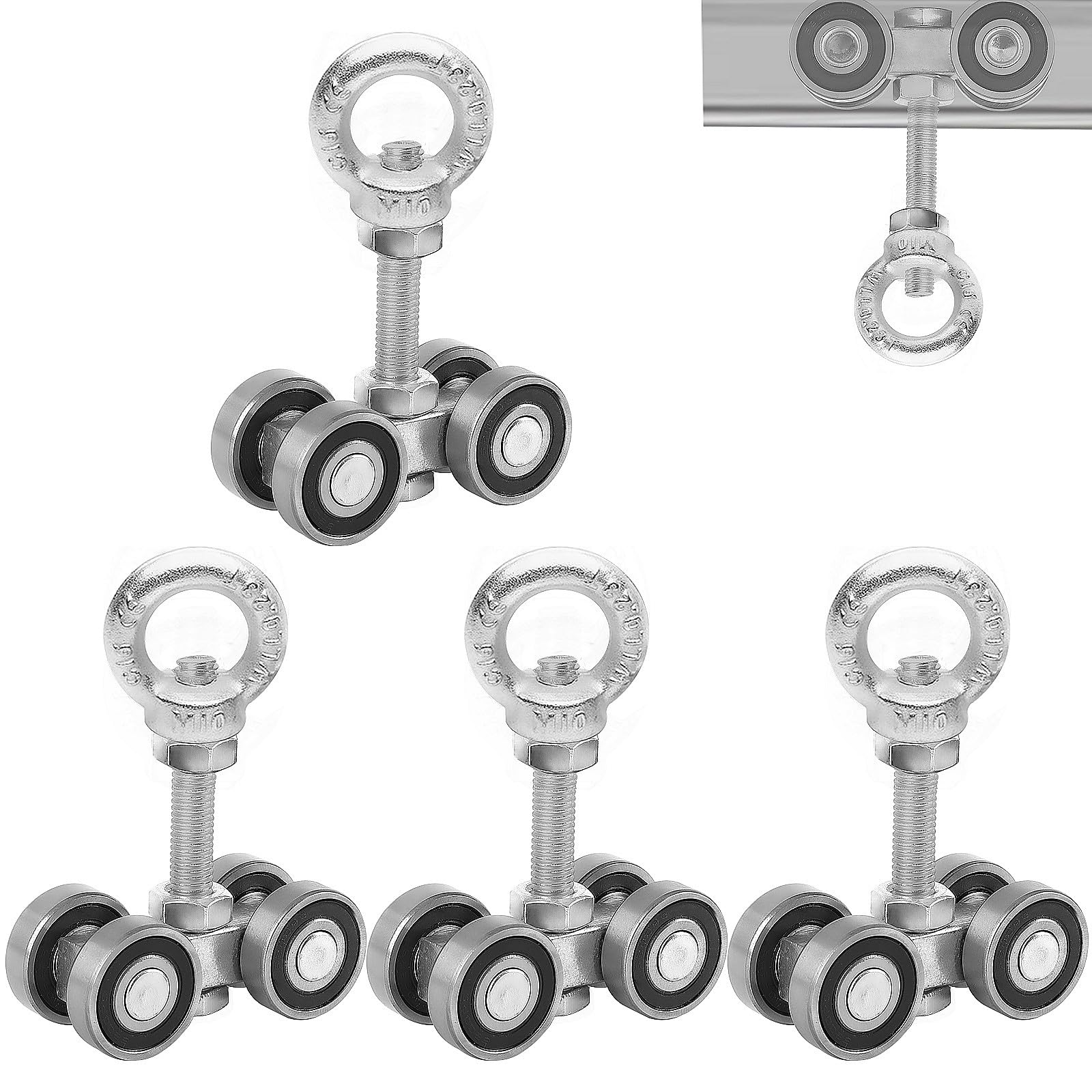 Photo 1 of BIAXJUNY 4 Wheel Trolley Assembly Rollers, Silent Strut Trolley, Solid Steel, M10 Bolt, Lifting Eye Nuts, 1-5/8" Wide Strut Channel (4pc)