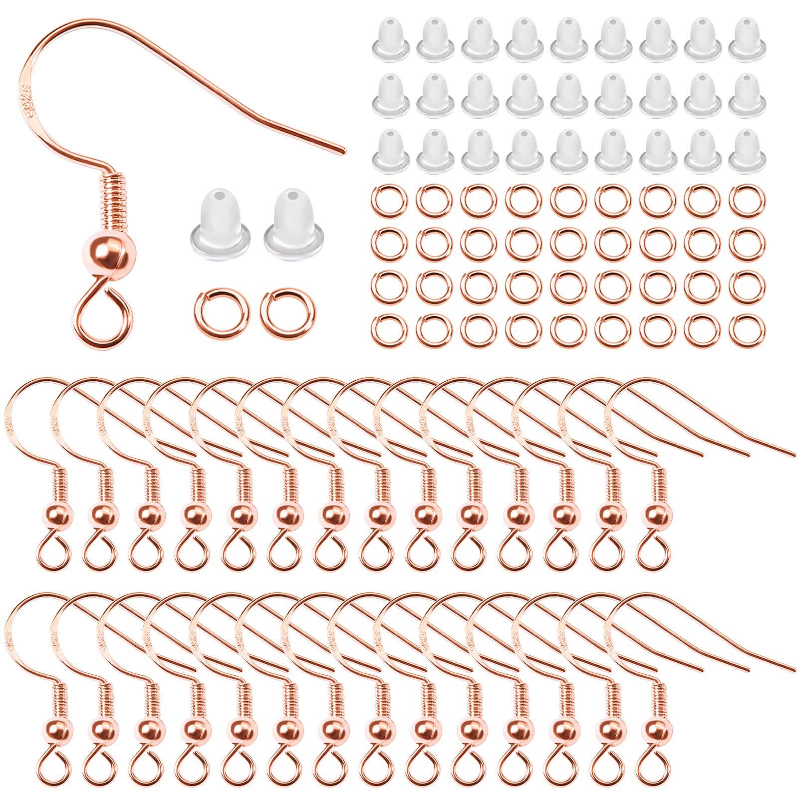 TOAOB 300pcs Earring Hooks Rose Gold 18mm Ear Wires Fish Hooks with Clear Rubber Safety Backs and Jump Rings for Jewellery Making DIY Earring Jewelry Findings
