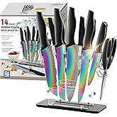 Marco Almond® Knife Block Set,14-Piece Rainbow Color Stainless Steel Knife Sets for Kitchen with block, KYA35 Chef Cooking Knives Set with Acrylic Stand