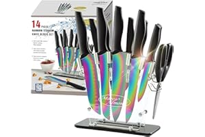 Marco Almond® Knife Block Set,14-Piece Rainbow Color Stainless Steel Knife Sets for Kitchen with block, KYA35 Chef Cooking Knives Set with Acrylic Stand
