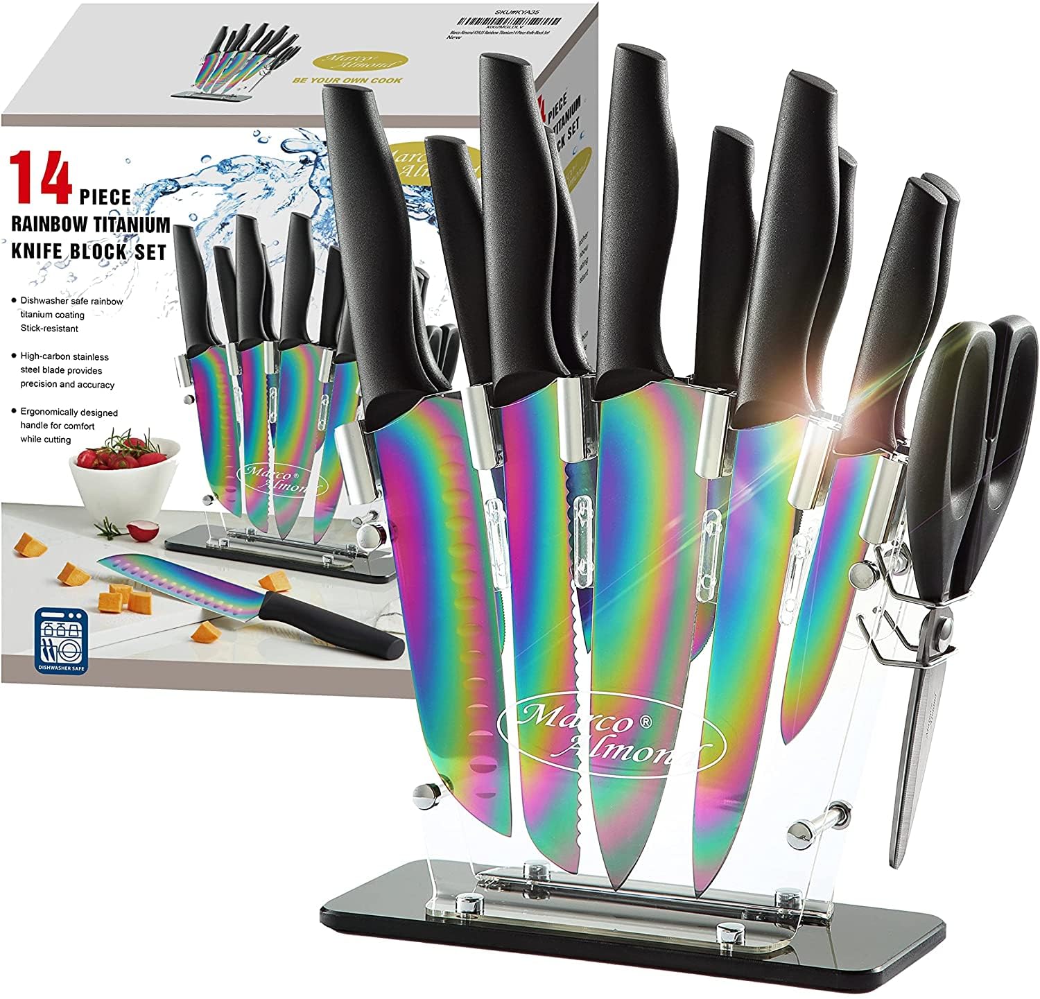 Marco Almond® Knife Block Set,14-Piece Rainbow Color Stainless Steel Knife Sets for Kitchen with block, KYA35 Chef Cooking Knives Set with Acrylic Stand Image