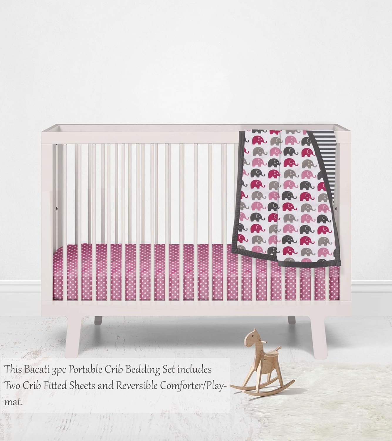 Amazon Com Bacati Elephant Pink Fuchsia Grey 3 Piece Girls Nursery Mini Or Portable Crib Bedding Set With Comforter 2 Fitted Mini Crib Sheets Pink Fuchsia Grey White Charcoal Baby