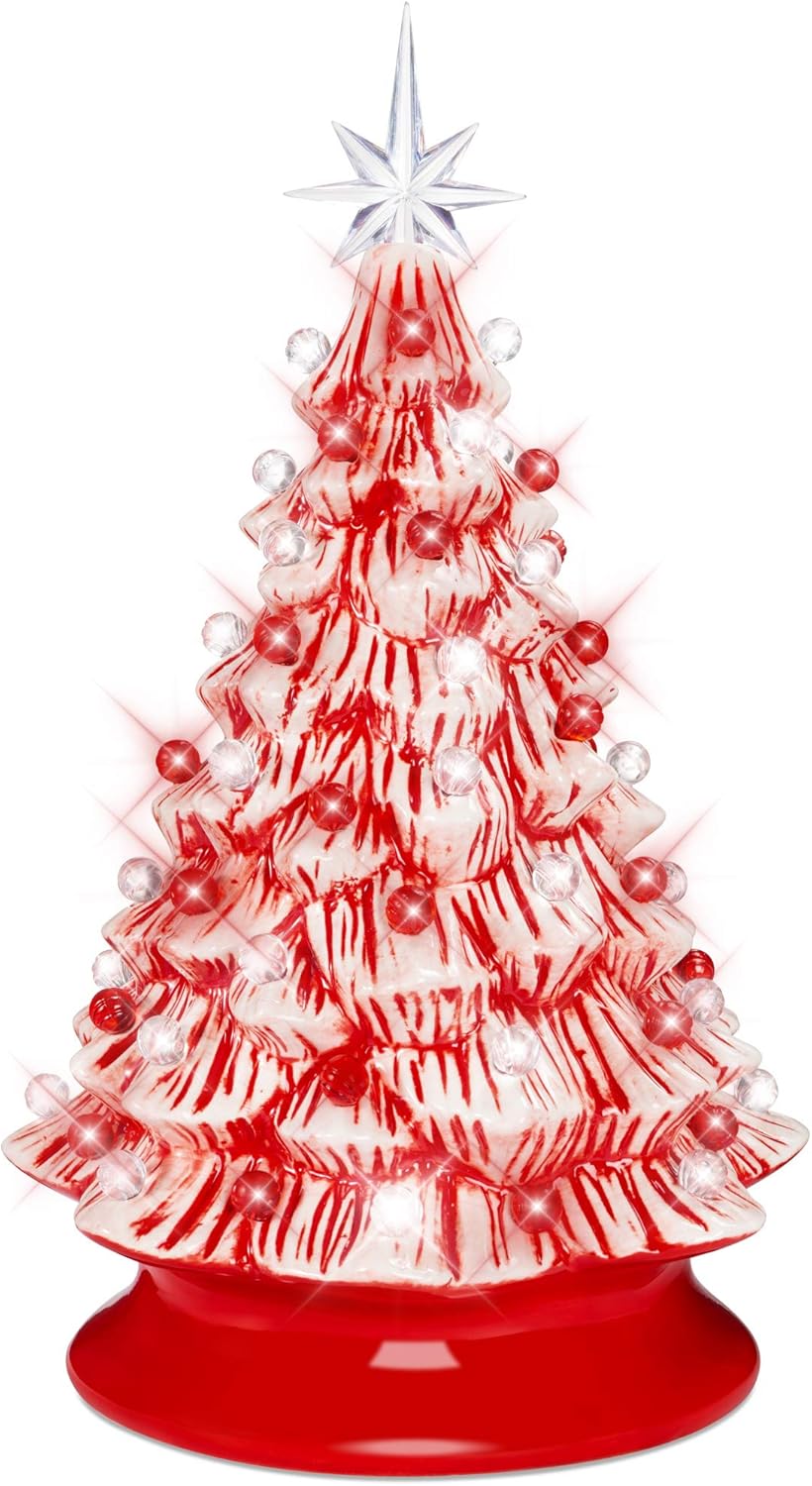Tree Toppers - Best Choice Products 15in Ceramic Christmas Tree, Pre-lit Hand-Painted Tabletop Holiday Decoration w/Power Cord, 2 Star Toppers, 64 Lights - Peppermint w/Red and White Bulbs
