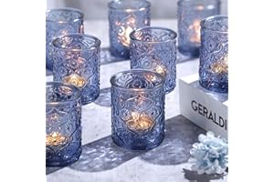 Volens 24pcs Blue Votive Candle Holders for Table Centerpiece, Vintage Flower Glass Tealight Candle Holders Bulk for Wedding Decorations, Bridal Shower, Boho, Home and Party Decor