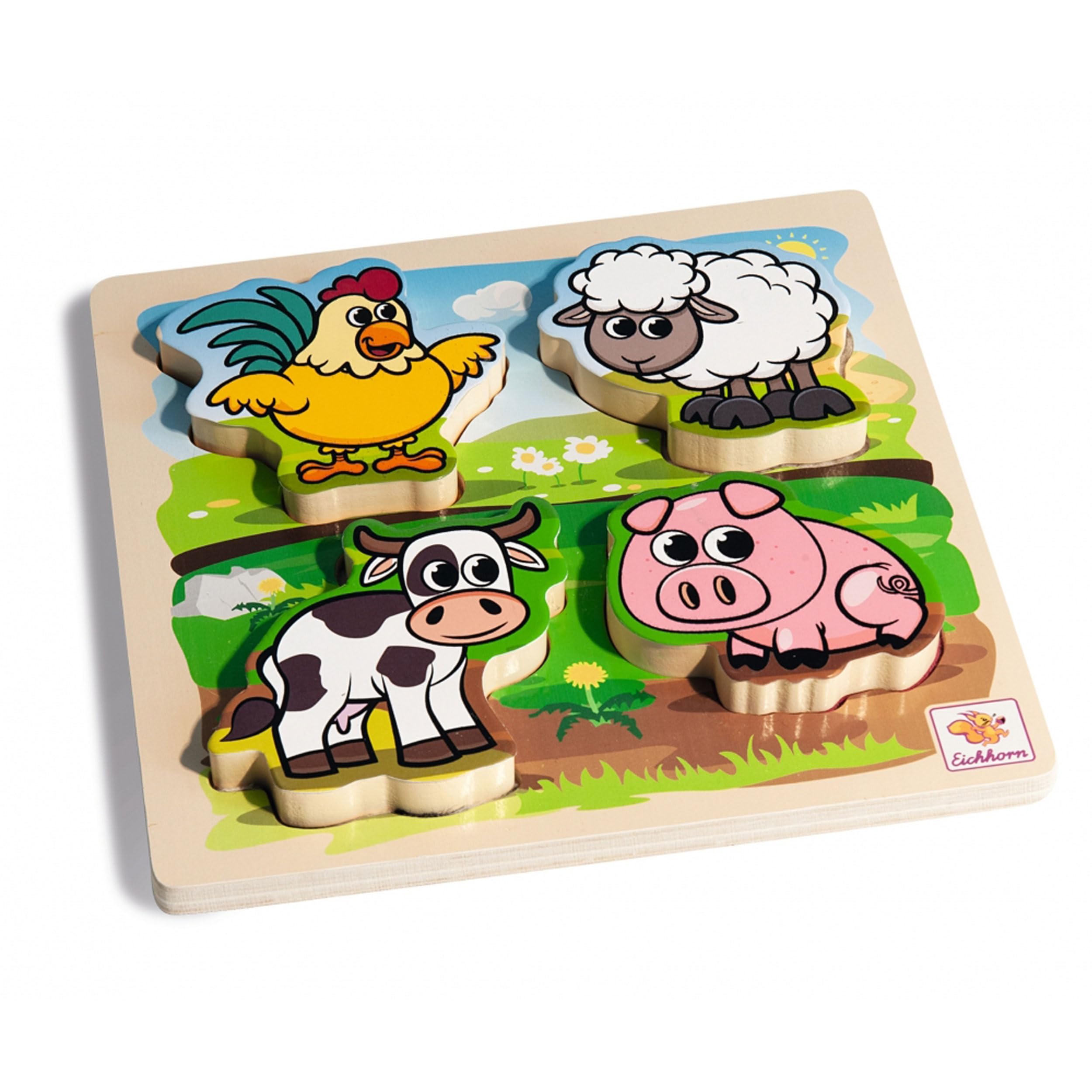 Eichhorn 100003687 Feeling Puzzle with Fabric Farm Animals with Te x Tile Elements, Wood, 5 Pieces, 20 x 20 cm, for Children from One Year