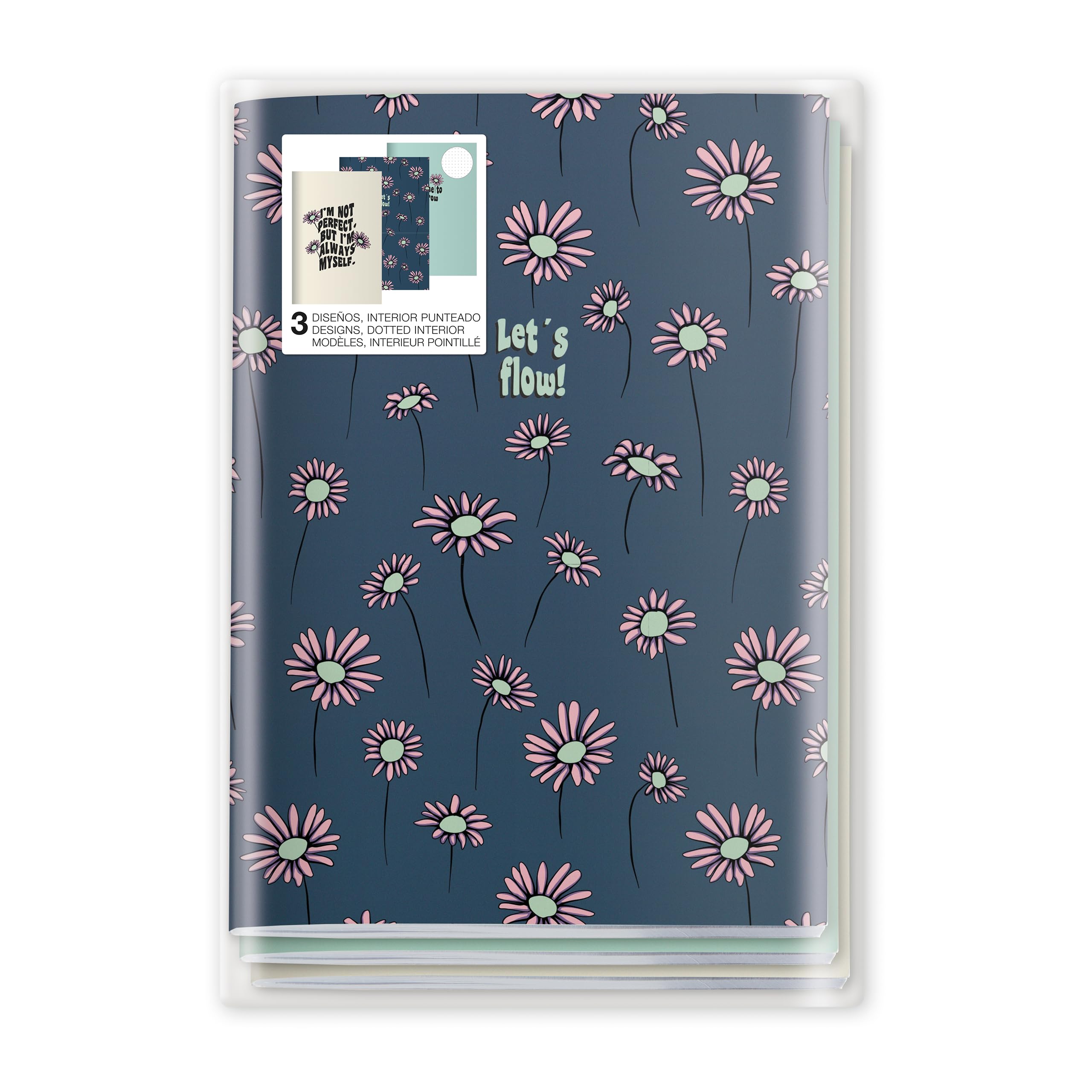 Miquelrius - A5 notebooks (142 x 210 mm) stitched, pack of 3 notebooks, white dotted interior, 32 sheets of 80 g/m² each, matt printed cardboard covers, Happy Daisies collection