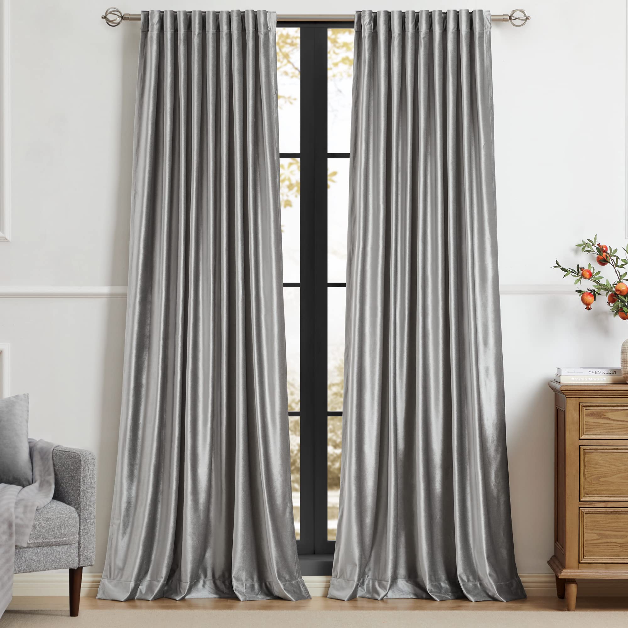 Photo 1 of PRIMROSE Silver Grey Curtains 84 inch for Living Room,2 Panels Drapes Blackout Rod Pocket Back Tab Window Treatment Room Darkening Thick Decorative Curtains for Bedroom
