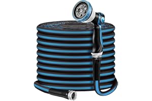 RELXITL Non-Expandable Garden Hose 50feet, Flexible Water Hose with 10 Function Hose Nozzle, Lightweight, Tangle Free, Rust Proof for Yard (Black+Blue)