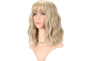 FAELBATY Loose Wave Blonde Wig Short Bob Wigs With Air Bangs Shoulder Length Wig For Women Curly Wavy Synthetic Cosplay Wig f