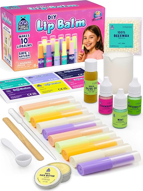PURPLE LADYBUG Lip Balm Making Kit for Girls Age 8+ - BPA Free - Natural Ingredients - Make Your Own Lip Balm Set, Great 8 Year Old Girl Gifts, Arts and Craft Kit Toy for Ages 8 9 10 11+, Kid Presents