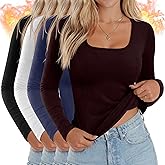 Huukeay 4 Pack Women's Thermal Long Sleeve Shirt Square Neck Fleece Slim Warm Winter Tops Casual Fashion Base Layer