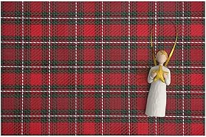 AHHFSMEI Christmas Placemats Set of 6 for Dining Table Washable Woven Vinyl Non-Slip Placemat Heat-Resistant Durable Table Mats for Dining Table Easy to Clean (Red Grid)
