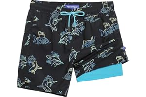 maamgic Mens Swim Trunks 7" Swim Shorts with Compression Liner Quick Dry Swimming Trunks Plaid Grain Bathing Suit