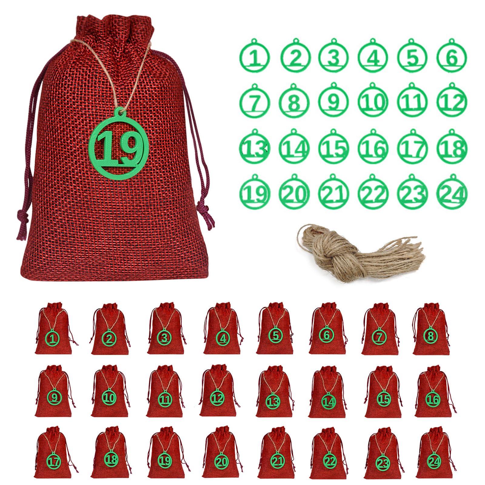 Photo 1 of 24 Days Christmas Advent Calendar Bags: Christmas Countdown Advent Calendar Bags with Numbers for Gift Wrapping & Drawstring Christmas Bags for Party Decoration (Red)