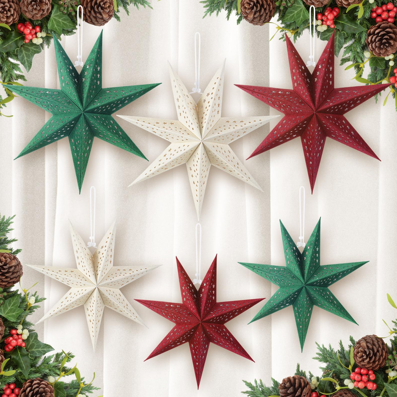 Photo 1 of ReliThick 6 Pcs Velvet Christmas Paper Star Lanterns 18/12 Inch Flocked 7 Pointed Christmas Hanging Lamp Paper Ornament Decorations for Xmas Party Indoor Door Window(red, Green, White)