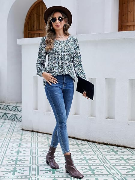 LICEMERE LONG SLEEVE SHIRTS FOR WOMEN FALL FASHION 2025 WOMENS TUNIC TOPS PLEATED CREW NECK PUFF SLEEVE BLOUSES DRESSY CASUAL (FLORAL BLUE,XXL)