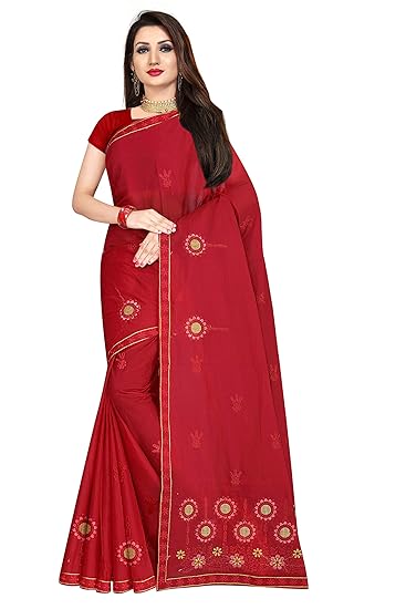 Womens pure cotton Embroidered saree without blouse piece (EMB_Red_Malmal)