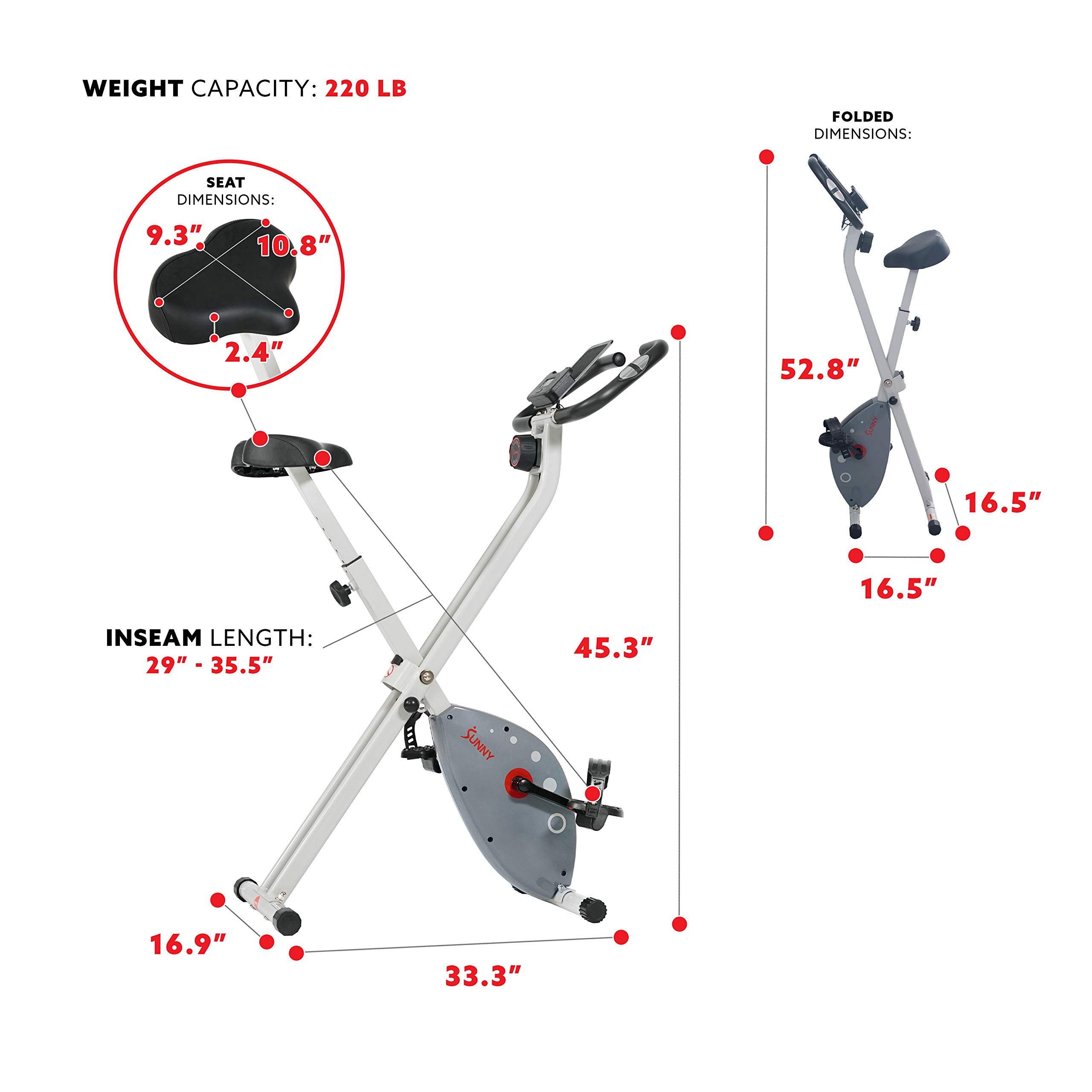 Sunny Health & Fitness Exercise Bike w/Pulse Sensors & Adjustable Cushion Seat, Home Cardio Training Machine for Adults/Seniors' Indoor Cycling Workout, Optional Compact Foldable or Electro-Magnetic