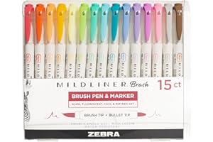 Zebra Pen Mildliner Brush Marker, Double Ended Brush and Fine Tip Pen, Assorted Soft Colors, 15 Count (Pack of 1)
