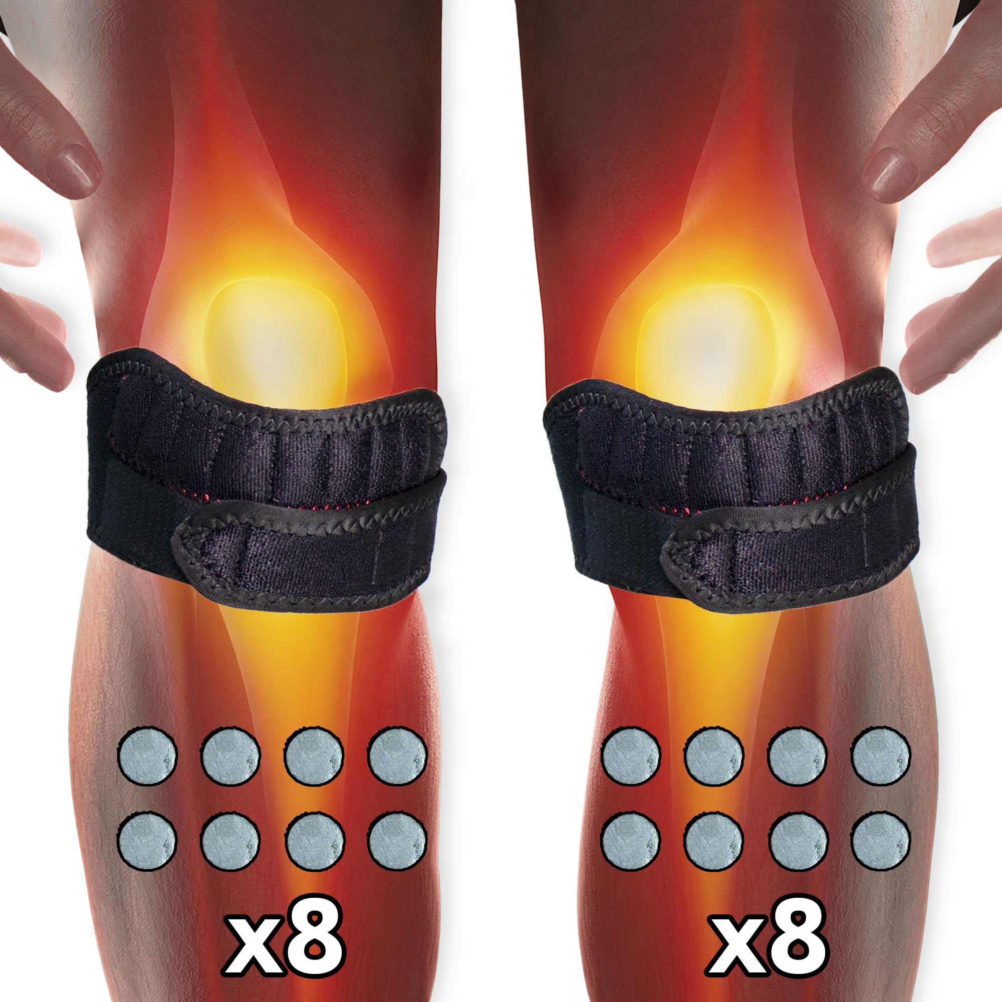 NeoPhysio 2 x Magnetic Knee Strap with 8 Magnets Individually Sewn - Adjustable Patellar Tendon Strap Lightweight Knee Support Brace Band. One size fits all - average Men and Women's sizes.