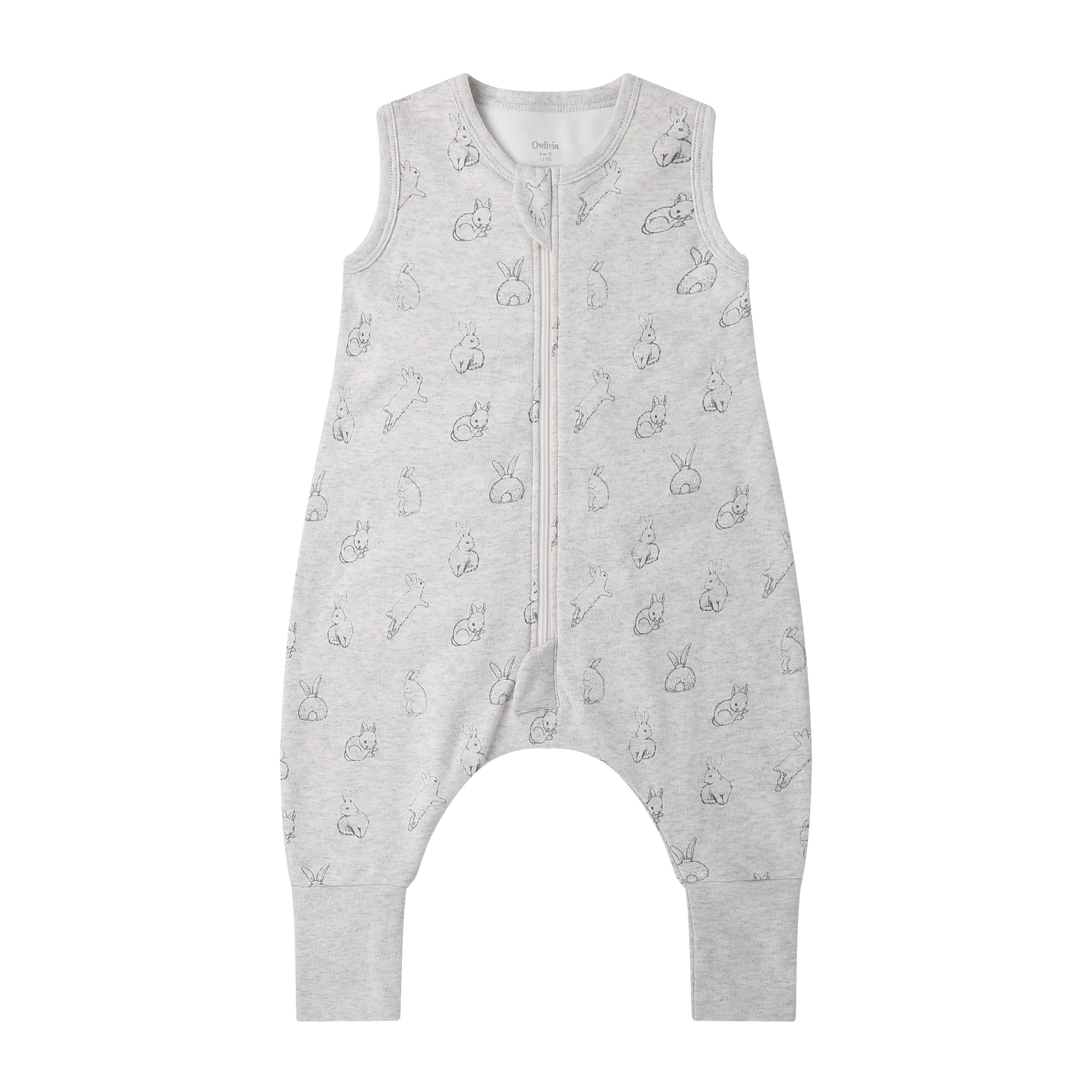 Owlivia 1.0 Tog 100% Organic Cotton Baby Sleeping Bag with Feet Toddler Sleeping Bags with Legs Sleeveless Wearable Blanket for All- Season Comfort（Grey Rabbit, 80cm/2Y）