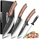BOMASS Kitchen Knives, Hand Forged Japanese Knife Set 3Pcs, High Carbon Butcher Knife & Santoku Knife & Boning Knife & Honing Rod for Home Kitchen, BBQ, Outdoor Cooking