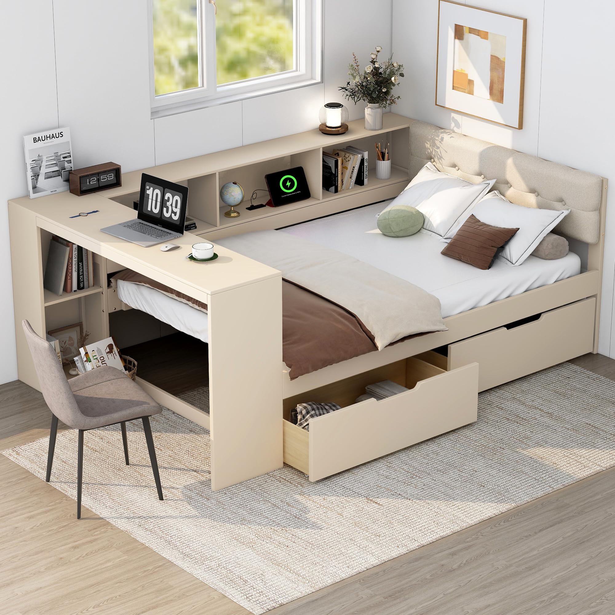 Photo 1 of **MISSING BOX/INCOMPLETE SET**Ball & Cast Wood Full Size Platform Bed with Storage Shelves and Drawers,Multiple Bed Frame w/Charging Station & Upholstered Headboard,Bedroom Furniture Bedframe for Apartment,Cream