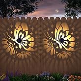 Hapjoy Solar Fence Lights 2 Pack Outdoor Deck Step Wall Lights Metal Waterproof LED Warm Yellow Light for Garden Post Patio Backyard Yard Decor (Butterfly-Flower, 2)