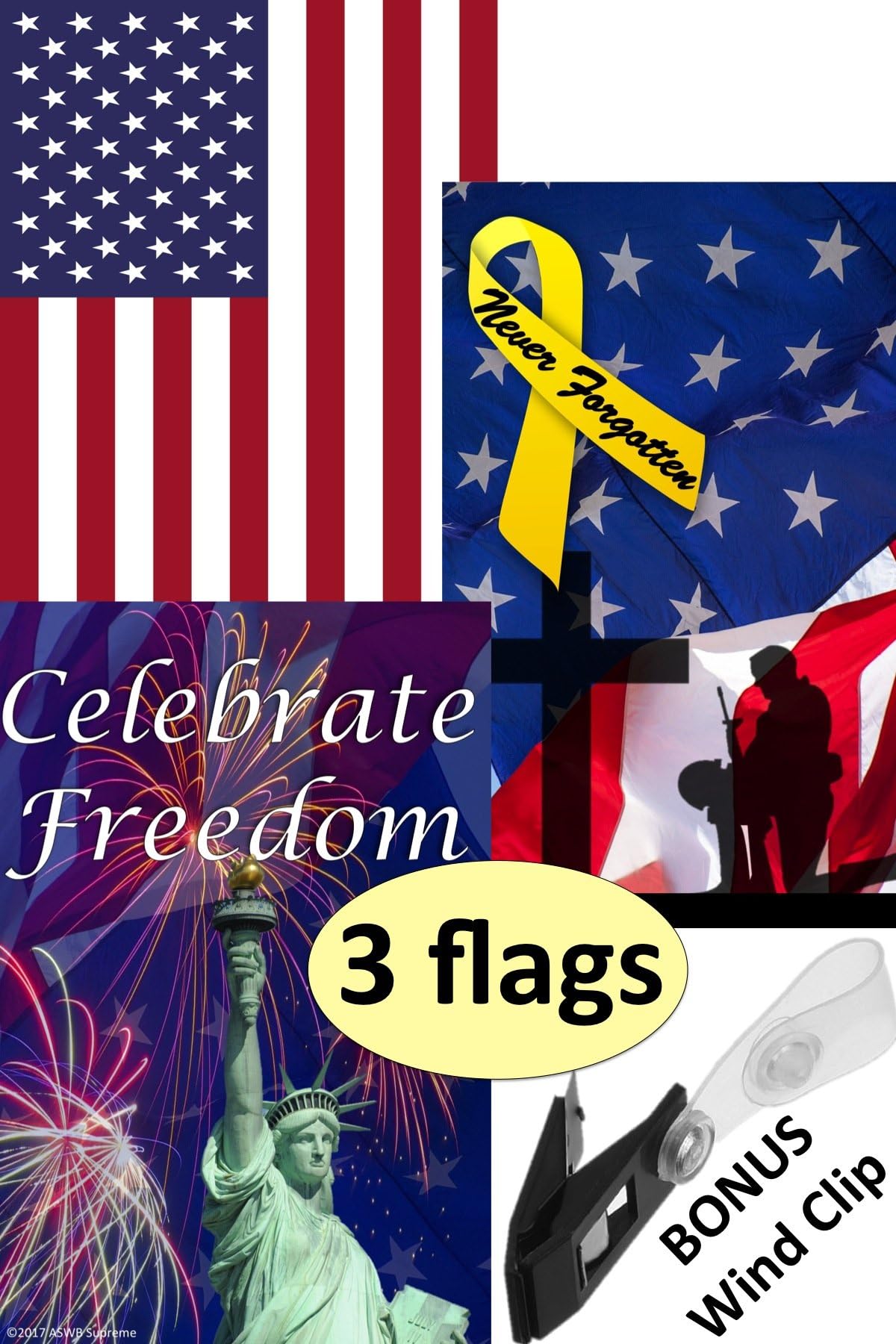 American Military Patriotic Garden Flags 12 x 18 Bundle Gift Set #1 (American Flag, Never Forgotten Memorial Day, and 4th of July Holiday) with Complimentary Anti-Wind Clip