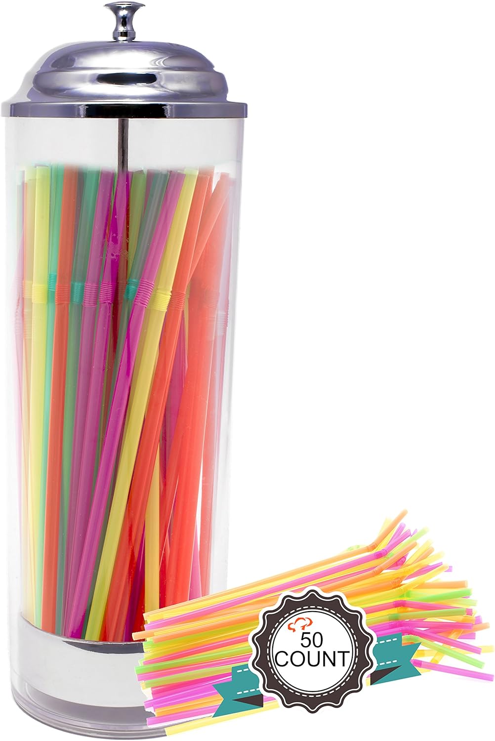 Tiger Chef Straw Dispenser Straw Holder Including 50 Neon Straws Clear Plastic