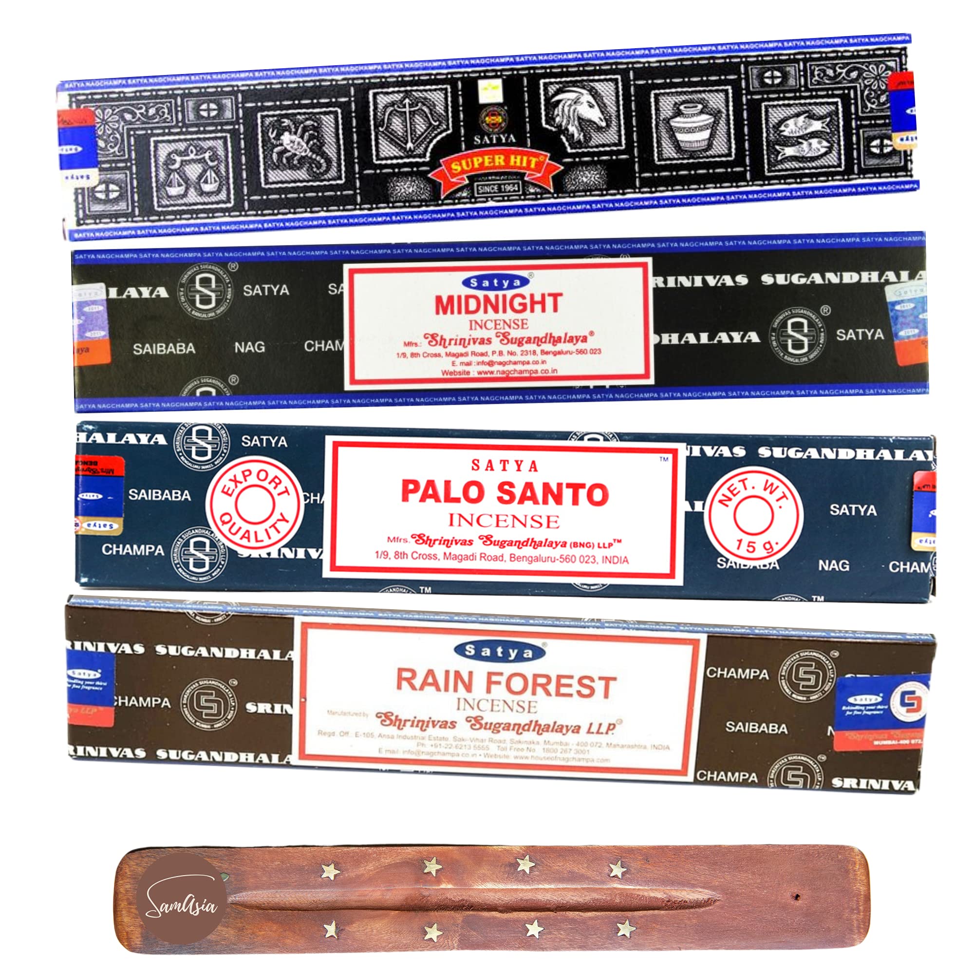 Satya Nag Champa Incense Sticks - 4 unique and premium flavours - Super Hit, Midnight, Palo Santo, Rain Forest and comes with SAMASIA incense holder — image 1