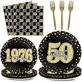 200Pcs 50th Birthday Party Decorations Vintage 1976 Paper Plates and Napkins Black Gold 50 Year Old Disposable Tableware Set for Men Women 50th Birthday Anniversary Party Favors Supplies Serves 50