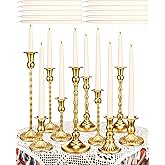 Suclain 24 Pcs Brass Gold Candlestick Holders and Taper Candles Set 12 Vintage Taper Holders with 12 Tall Candles Decorative Candlestick Modern Centerpiece for Wedding Birthday Halloween Christmas