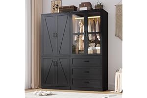 HLIVELOOD 75" Tall Farmhouse 4 Doors Armoire Wardrobe Closet with 3 Drawers and LED,Freestanding Closet Wardrobe Cabinet for Bedroom with Hanging Rod,Wooden Armoire Storage Cabinet with Adjustable shelve(Black)