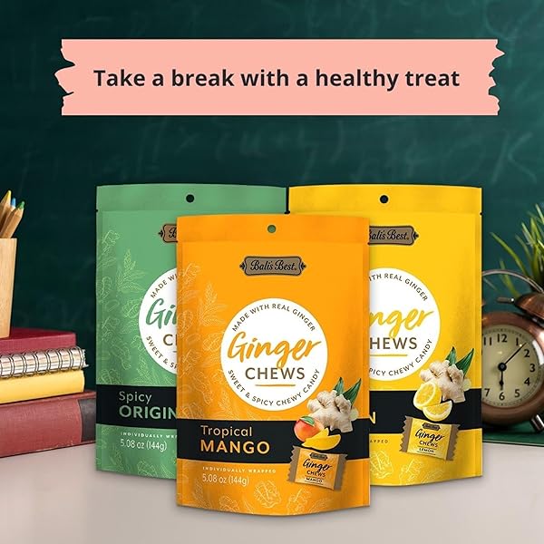 BALI’S BEST GINGER CHEWS, ZESTY LEMON FLAVOR, 5.08 OZ, INDIVIDUALLY WRAPPED SOFT CANDY, MADE WITH 100% REAL GINGER, DIGESTIVE HEALTH SUPPORT, UPSET STOMACH RELIEF, HALAL