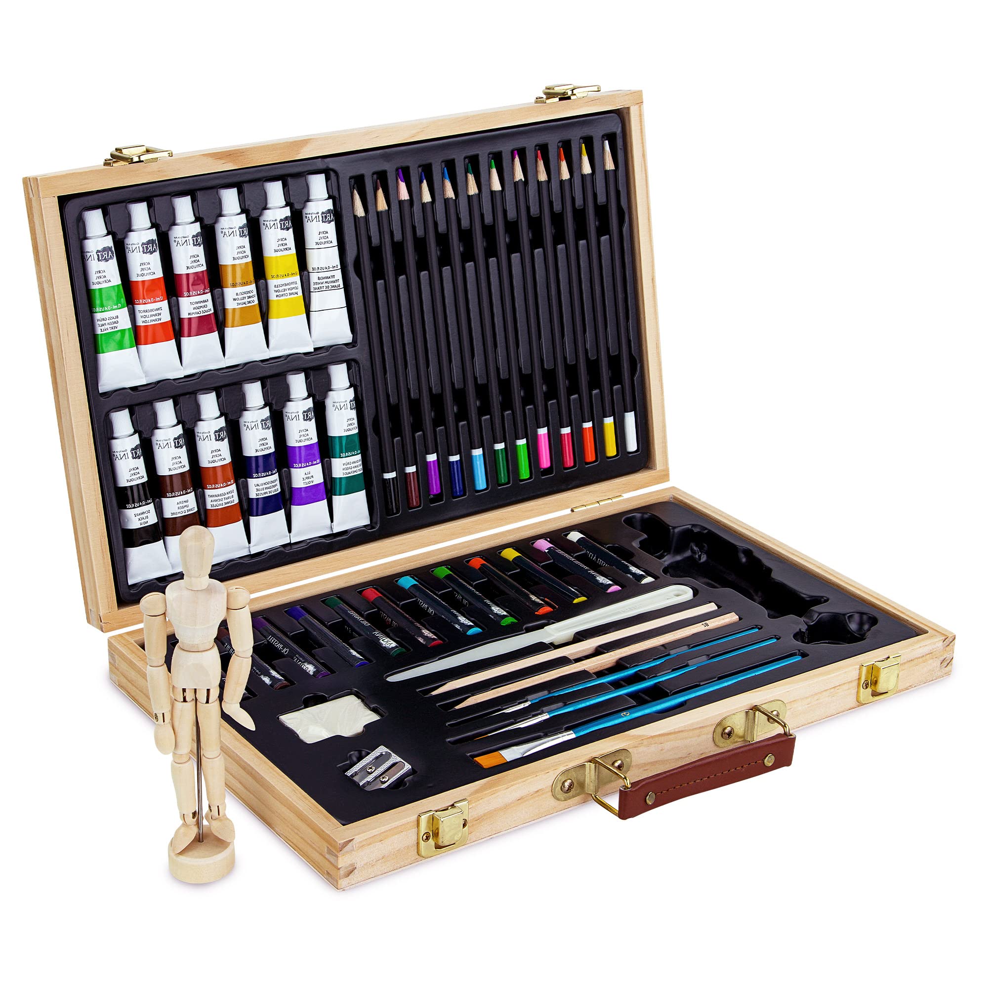 Artina 45pcs Acrylic Art Set Leonardo Beginner Painting Set with Wooden Case – Art Studio with Acrylic Paints, Jointed Doll, Brushes, Oil Pastels & Colouring Pencils