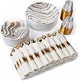 MONEST 350Pcs Gold Plastic Silverware Set for 50 Guests, Disposable Dinnerware Set includes: 50 Pre Rolled Napkins with Utensils, 50 Dinner Plates, 50 Dessert Plates, 50 Cups (Gold Wave)