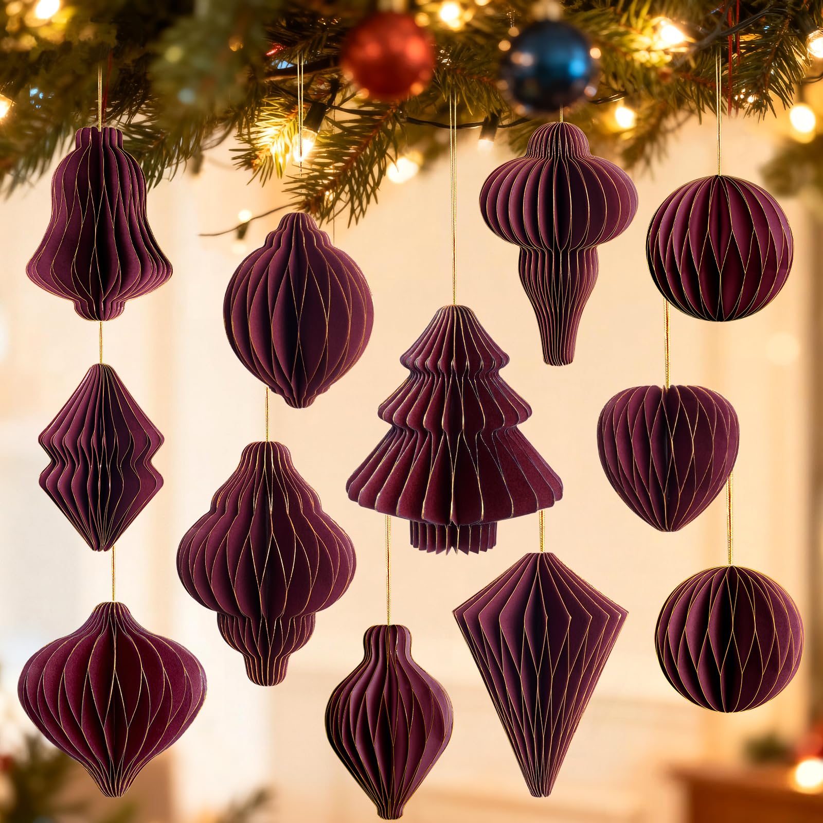Photo 1 of 12Pcs Dark Red Paper Christmas Party Decorations, 3D Honeycomb Paper Hanging Ornaments with Glitter, Vintage Finial Honeycomb Lantern Burgundy Ornaments for Christmas Trees Winter Wonderland Party