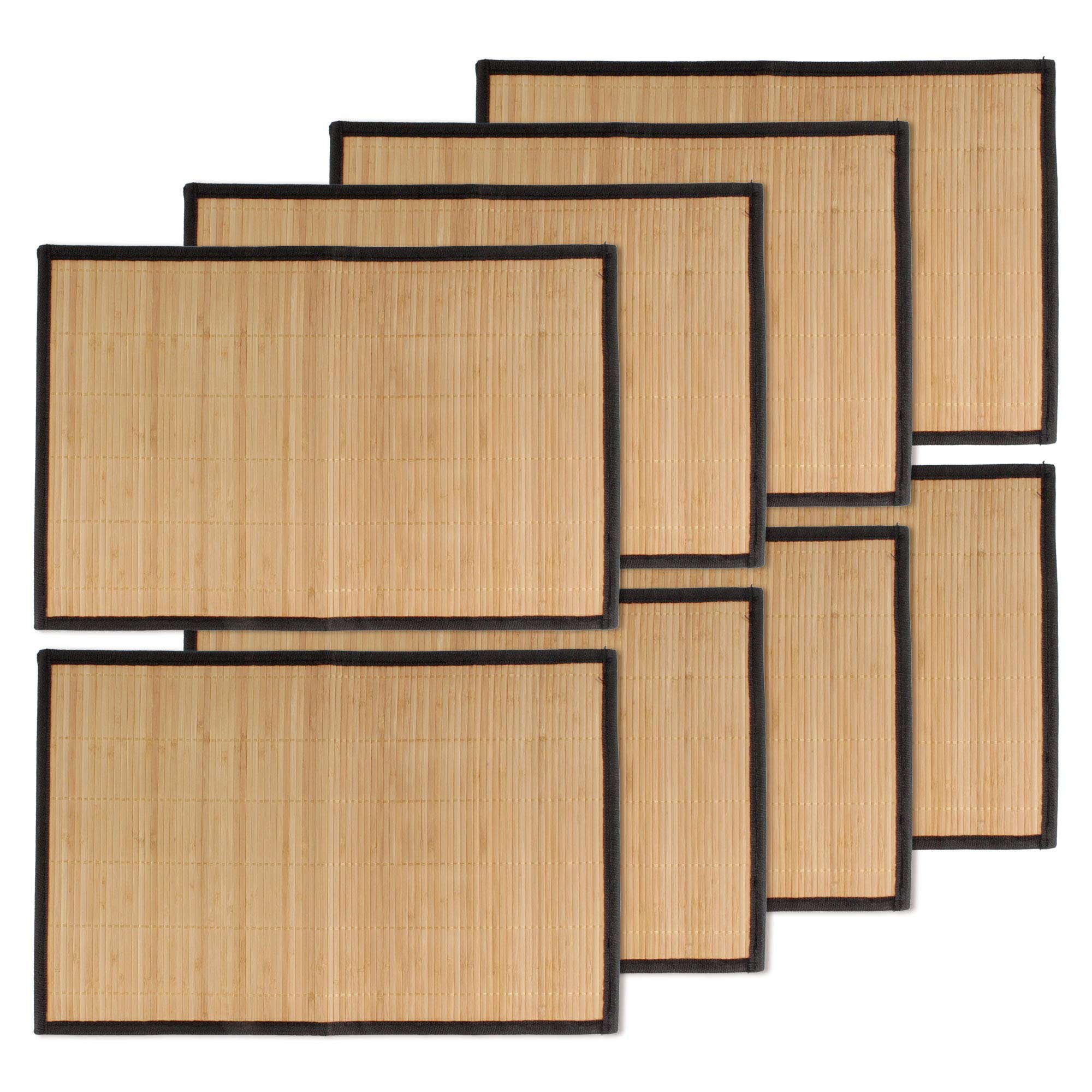 BambooMN Bamboo Slats Placemat with Fabric Border - Solid Colour Print - 17.5" x 12" - Brown with Black Border, 8 pcs