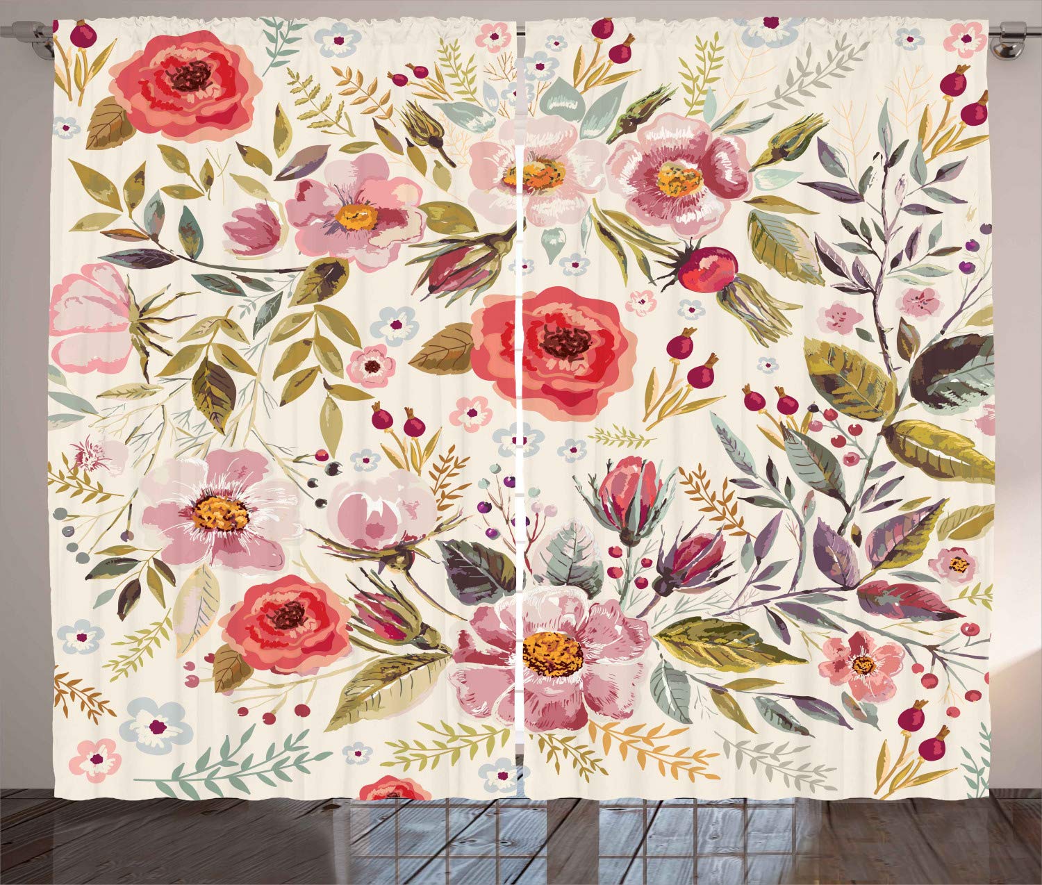 ABAKUHAUS Shabby Flora Curtains, Watercolor Abstract Spring Poppies Flowers Roses Buds Leaves Romantic Print, Living Room Bedroom Window Drapes 2 Panel Set, 280 x 260 cm, Multicolored coral red